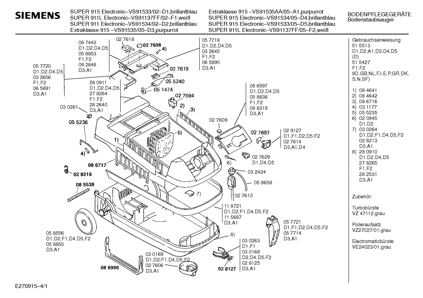 Explosionszeichnung Siemens VS91534/02 SUPER 911 ELECTRONIC Explosionszeichnung Siemens VS91534/02 SUPER 911 ELECTRONIC
