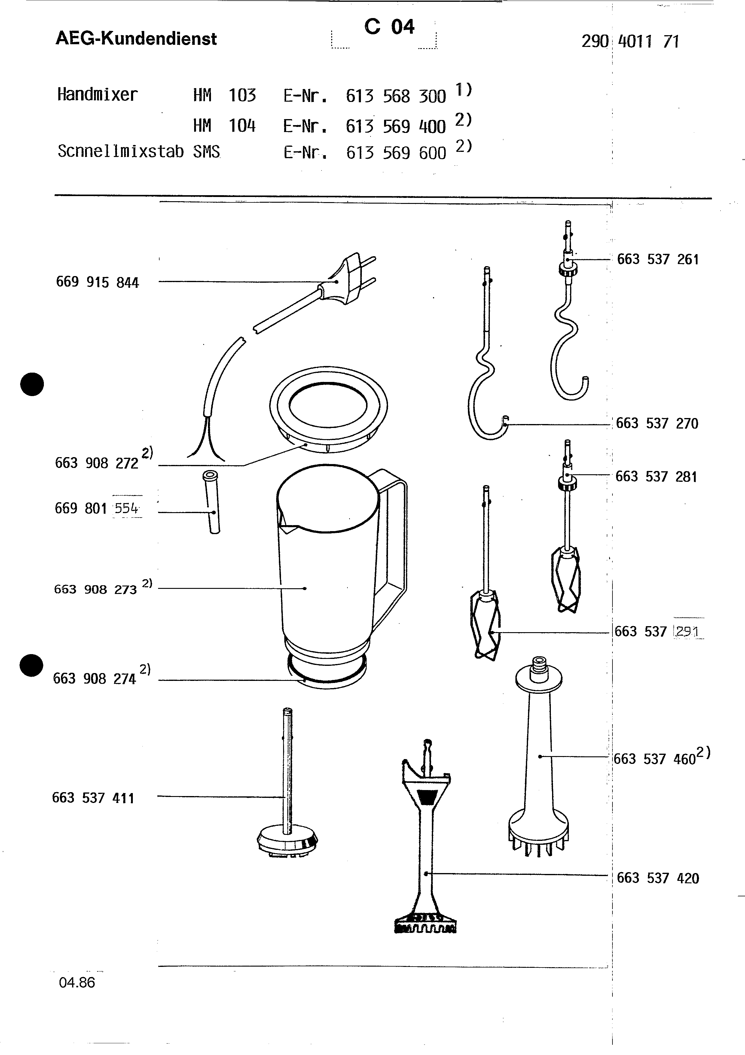 Explosionszeichnung AEG 61356940000 HANDMIXER HM 104