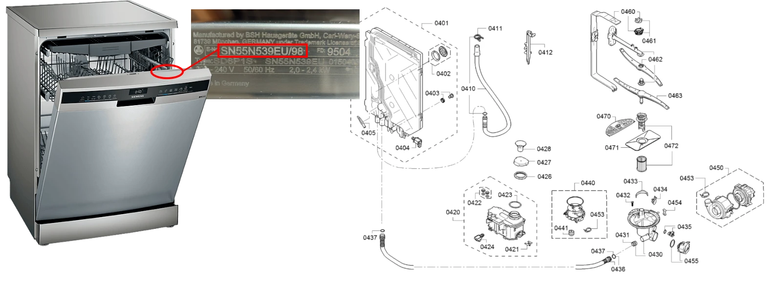 Spülmaschine Typenschild und Explosionszeichnung