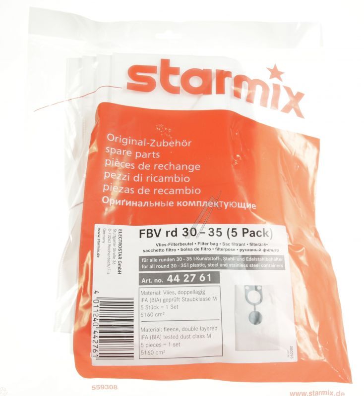 Starmix 442761 Staubsaugerbeutel - Fbv rd 30-35 vliesbeutel rund 30-35 ltr.beh.5er pack