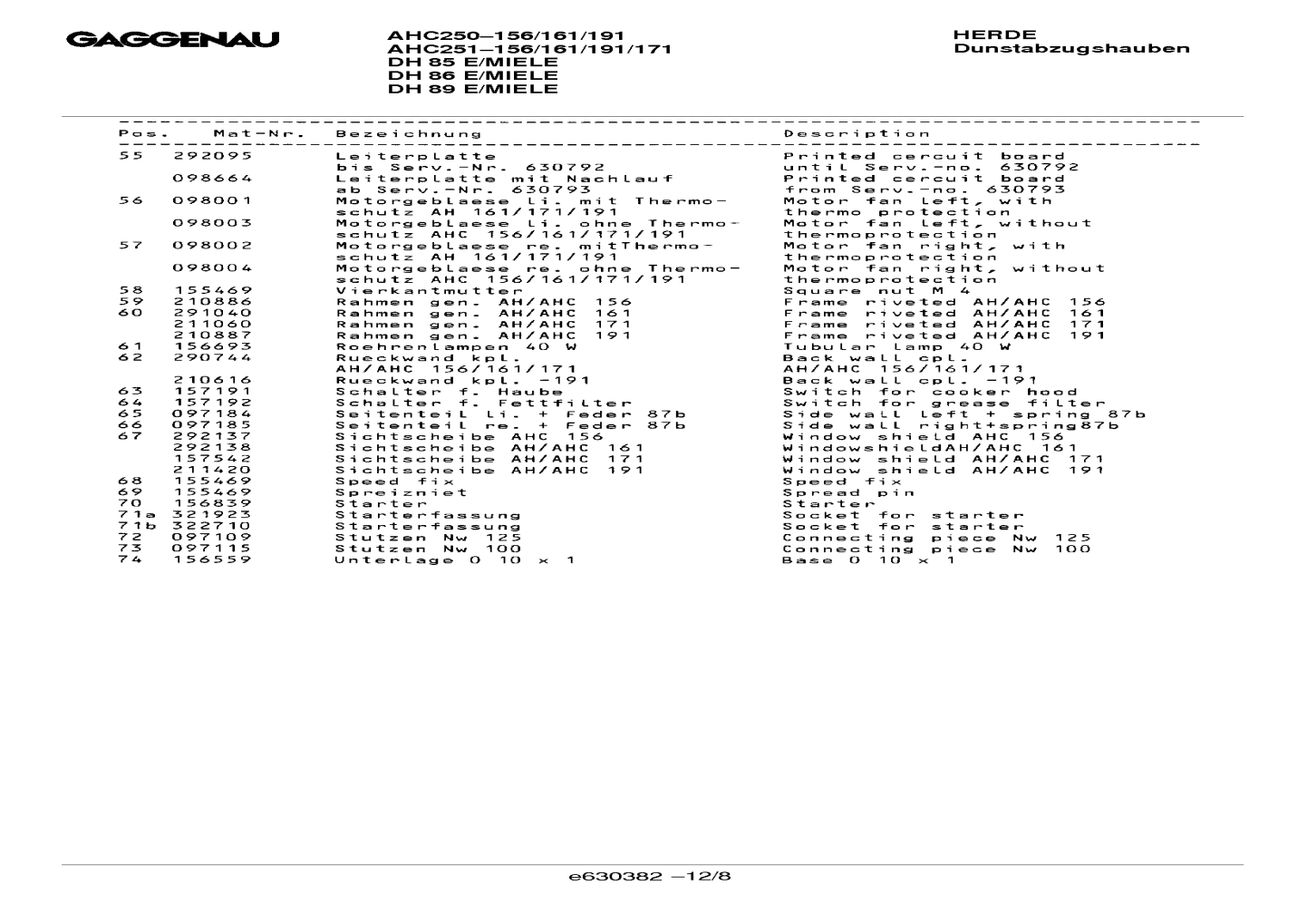 Explosionszeichnung Gaggenau DH251161(00) DH 86 E/MIELE Explosionszeichnung Gaggenau DH251161(00) DH 86 E/MIELE