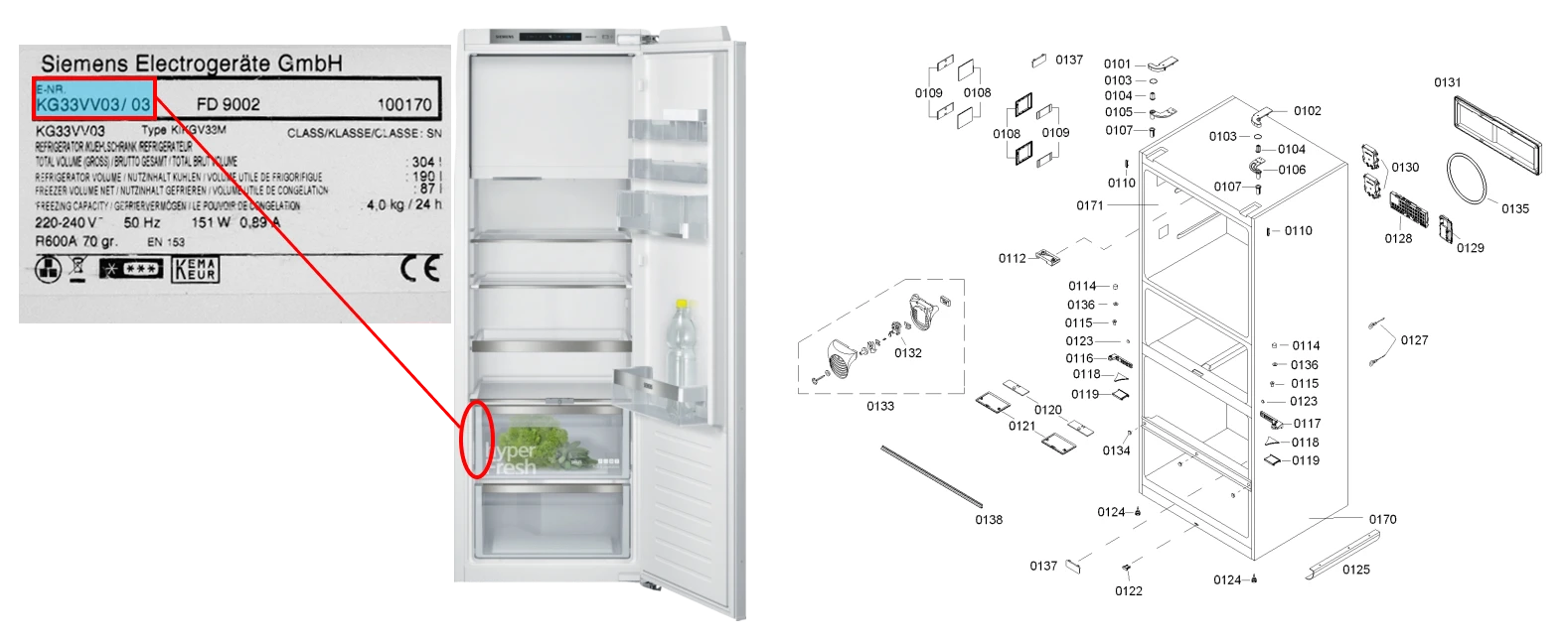 Kühlschrank Typenschild und Explosionszeichnung Bsp.